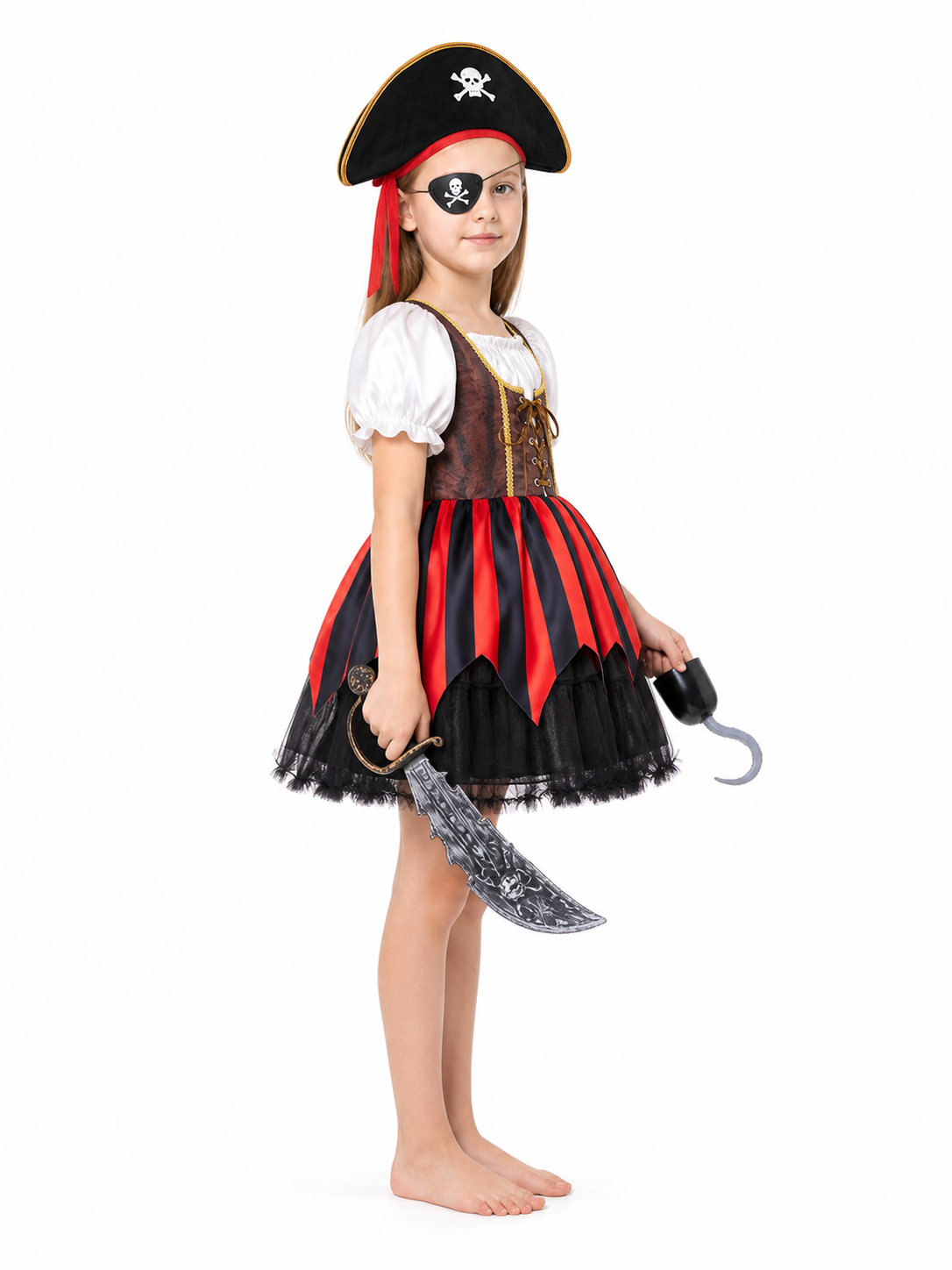 Pirate Costume with Red-and-Black Skirt and Hat side view