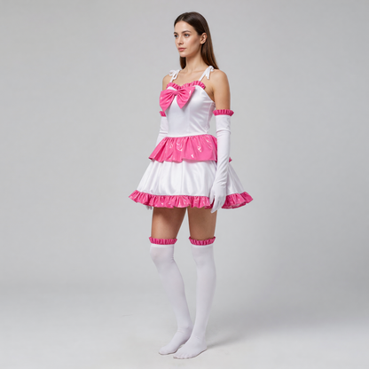 White Mima cosplay dress with pink ruffles and a bow