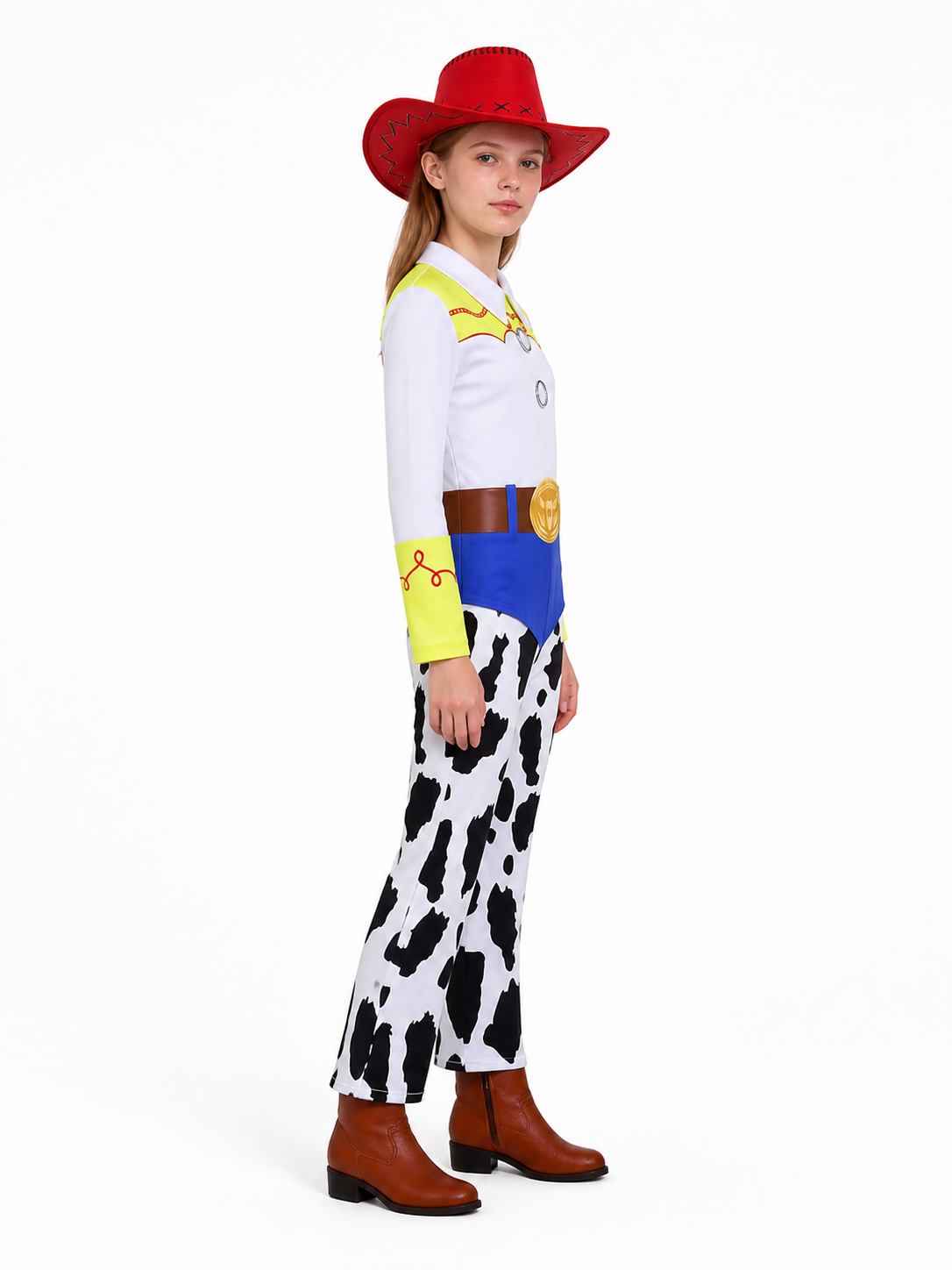Jessie Costume with Cow Print and Cowboy Hat side view