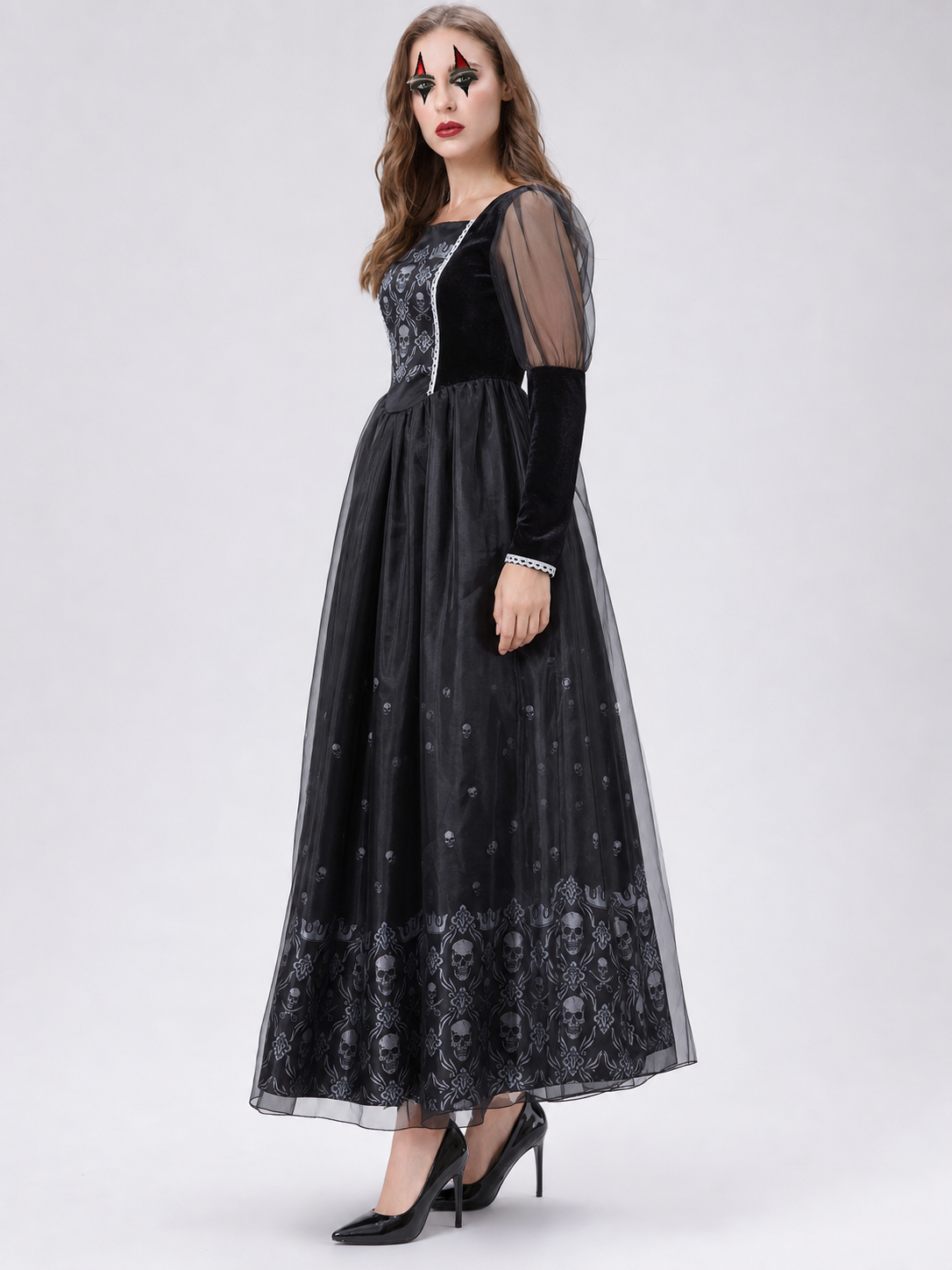 Gothic Dress with Sheer Sleeves and Skulls side view