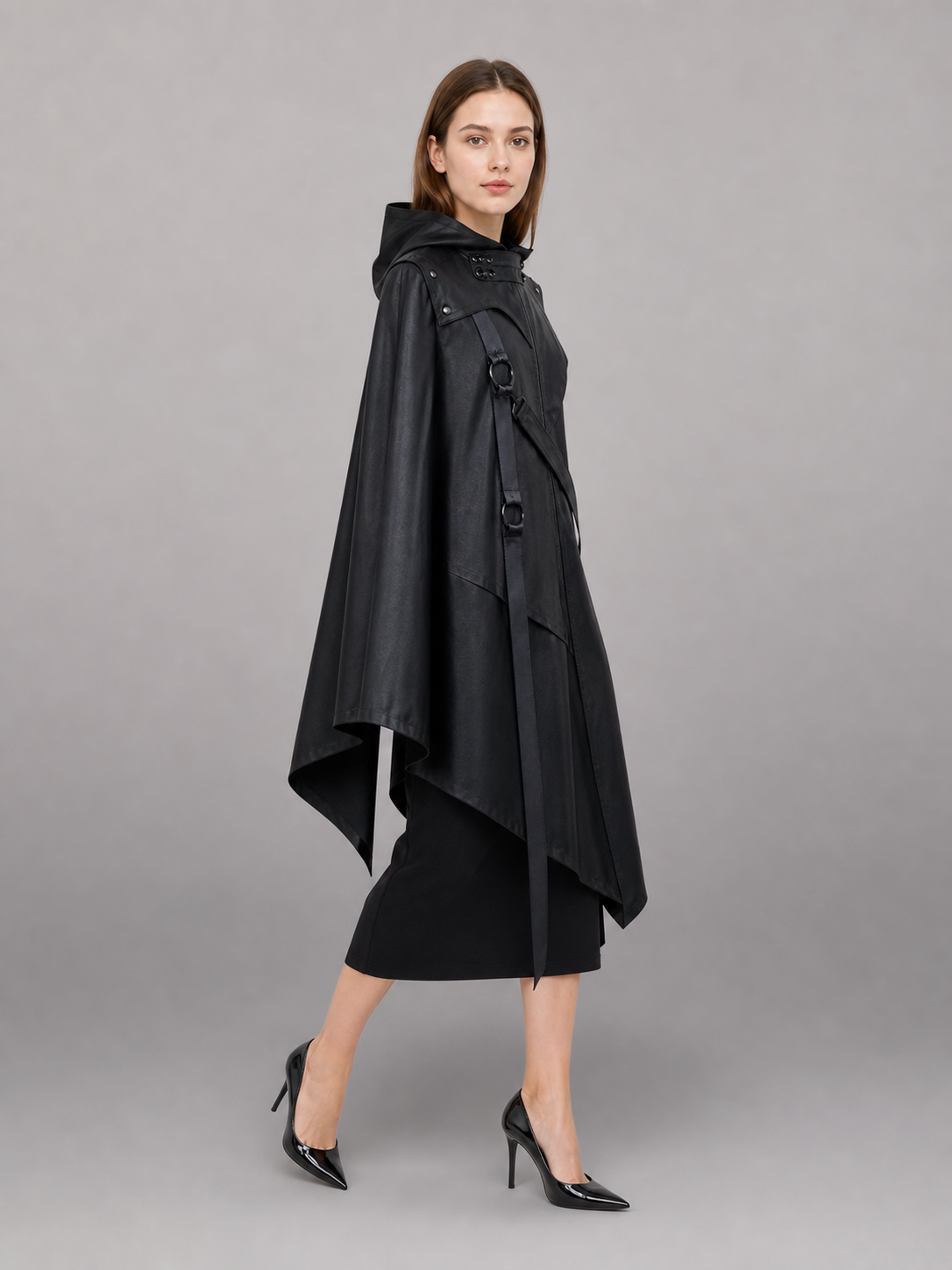Black asymmetrical carnival cloak with hood