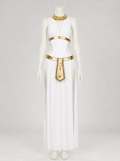 White Cleopatra Costume with Gold Decor for Cosplay side view