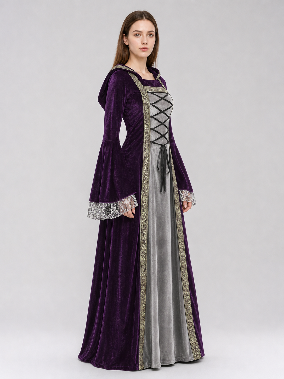 The dress is designed in a Gothic medieval style and features a costume design in deep purple with silver-gray and black accents. The design includes an attached pointed hood, flared bell sleeves, and a flowing skirt. The front of the bodic