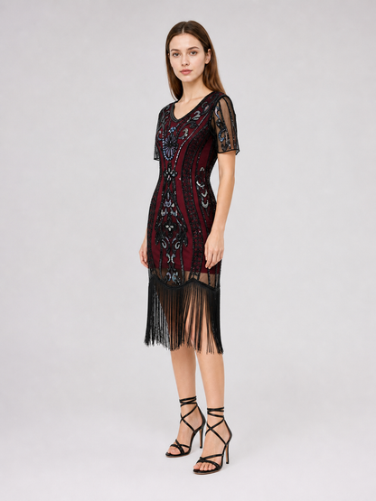 1920s-Style Evening Dress with Fringe and Sequins