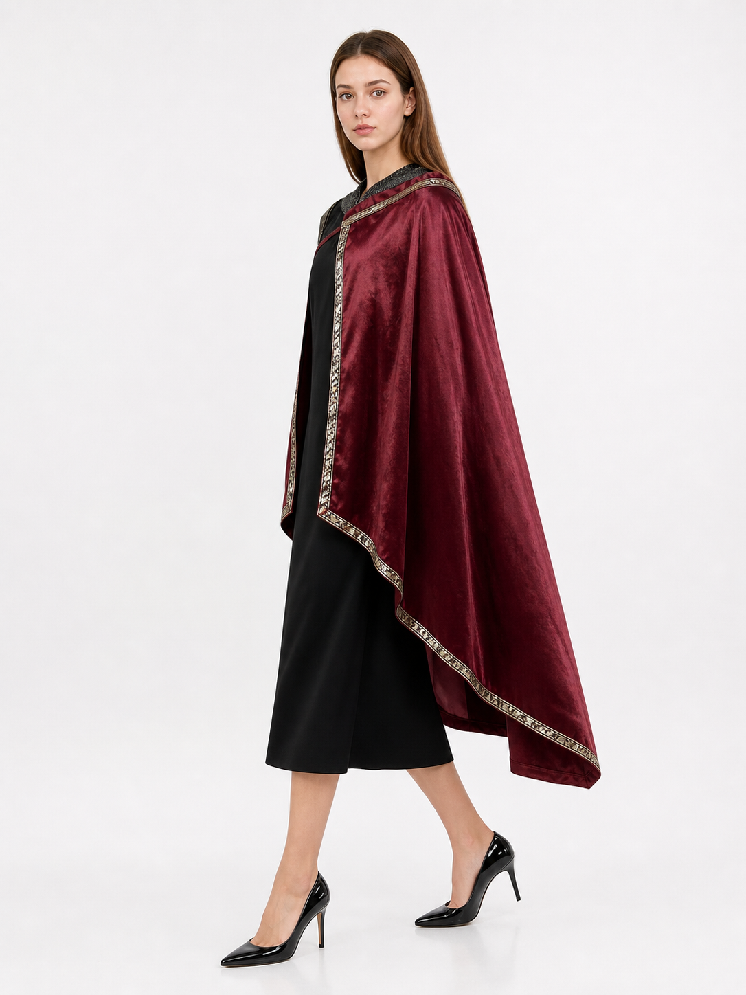 Burgundy velvet-look hooded costume cape product view 39