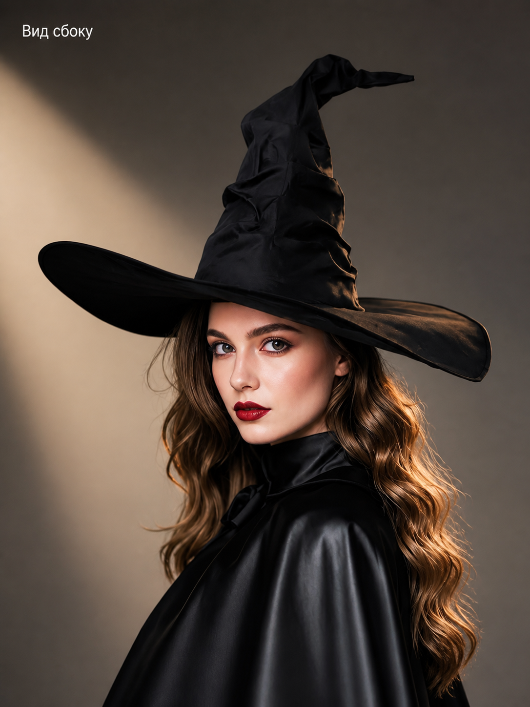 Black Halloween Witch Hat Wide Brim Pointed Wizard Hat Ruched Asymmetrical Brim side view 2