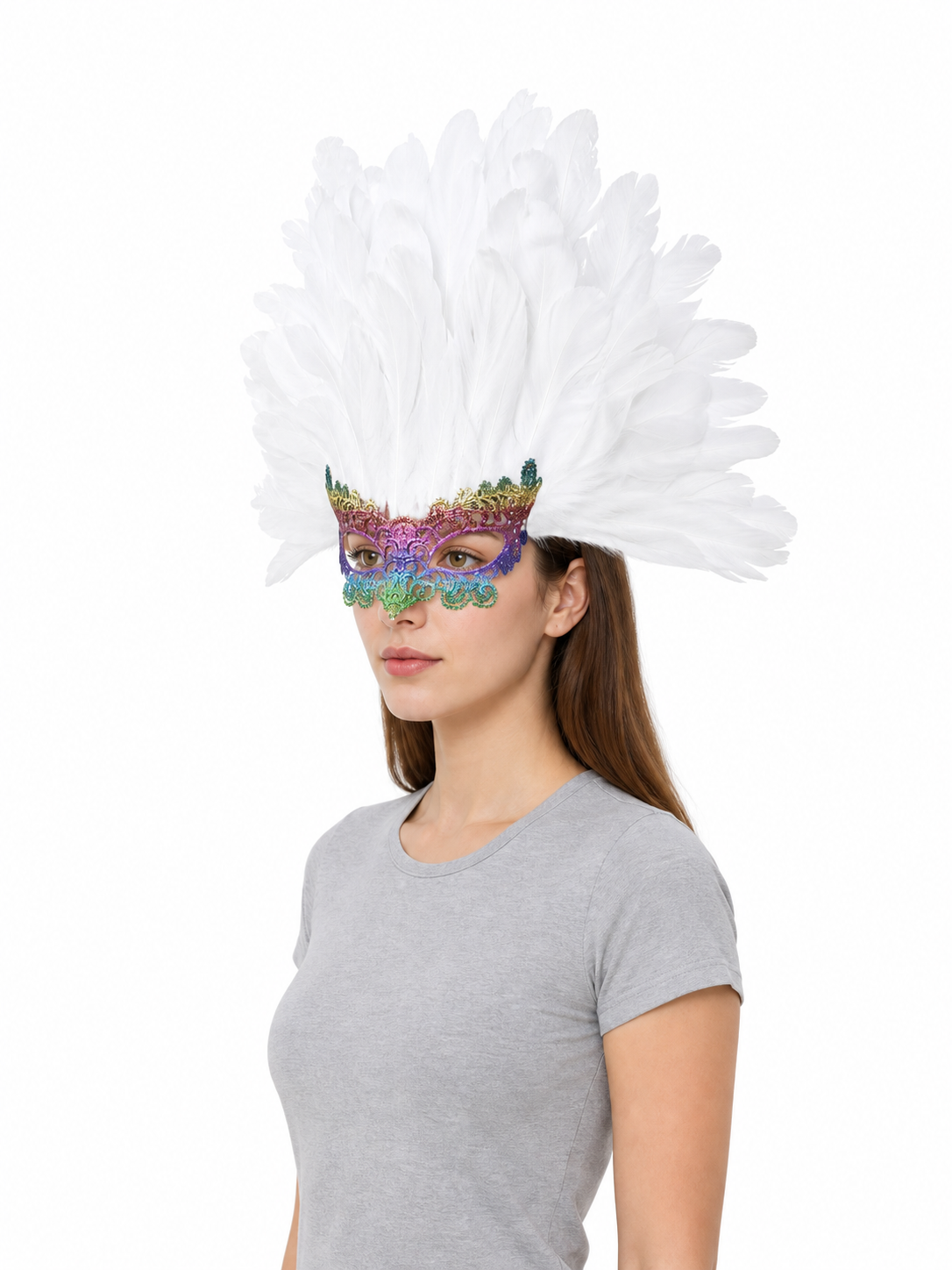 Masquerade headpiece with feathers and a mask