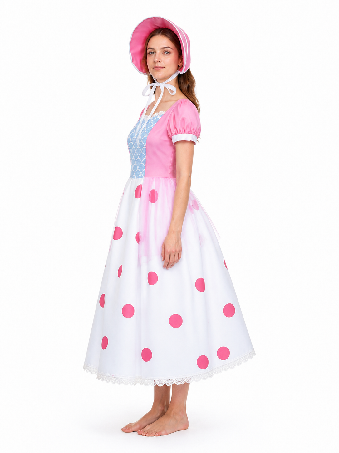Bo Peep Cosplay Dress, White and Light Blue Polka Dot, with Hat side view