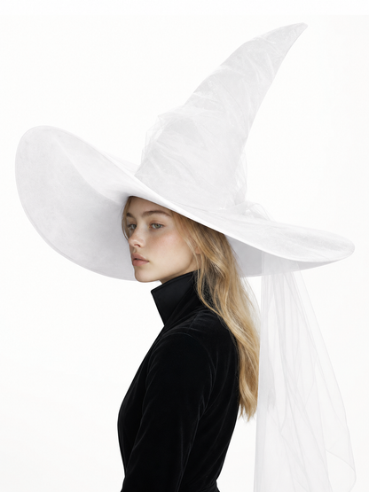 White Halloween Witch Hat With Wide Floppy Brim, Sheer Layered Fabric, Curved Pointed Crown And Trailing Veil For Cosplay Costume Party