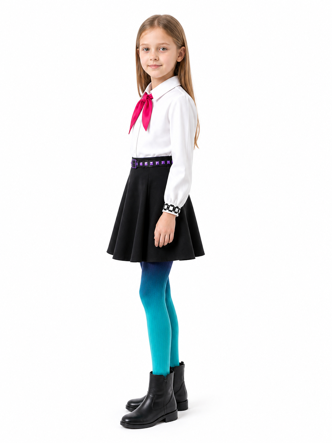 Bili Costume: White Blouse, Black Skirt, Pants, Tie, Belt side view