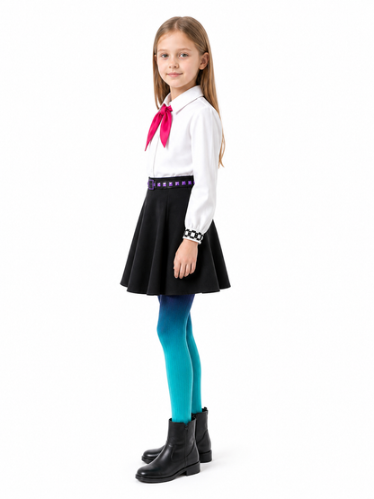 Bili Costume: White Blouse, Black Skirt, Pants, Tie, Belt side view