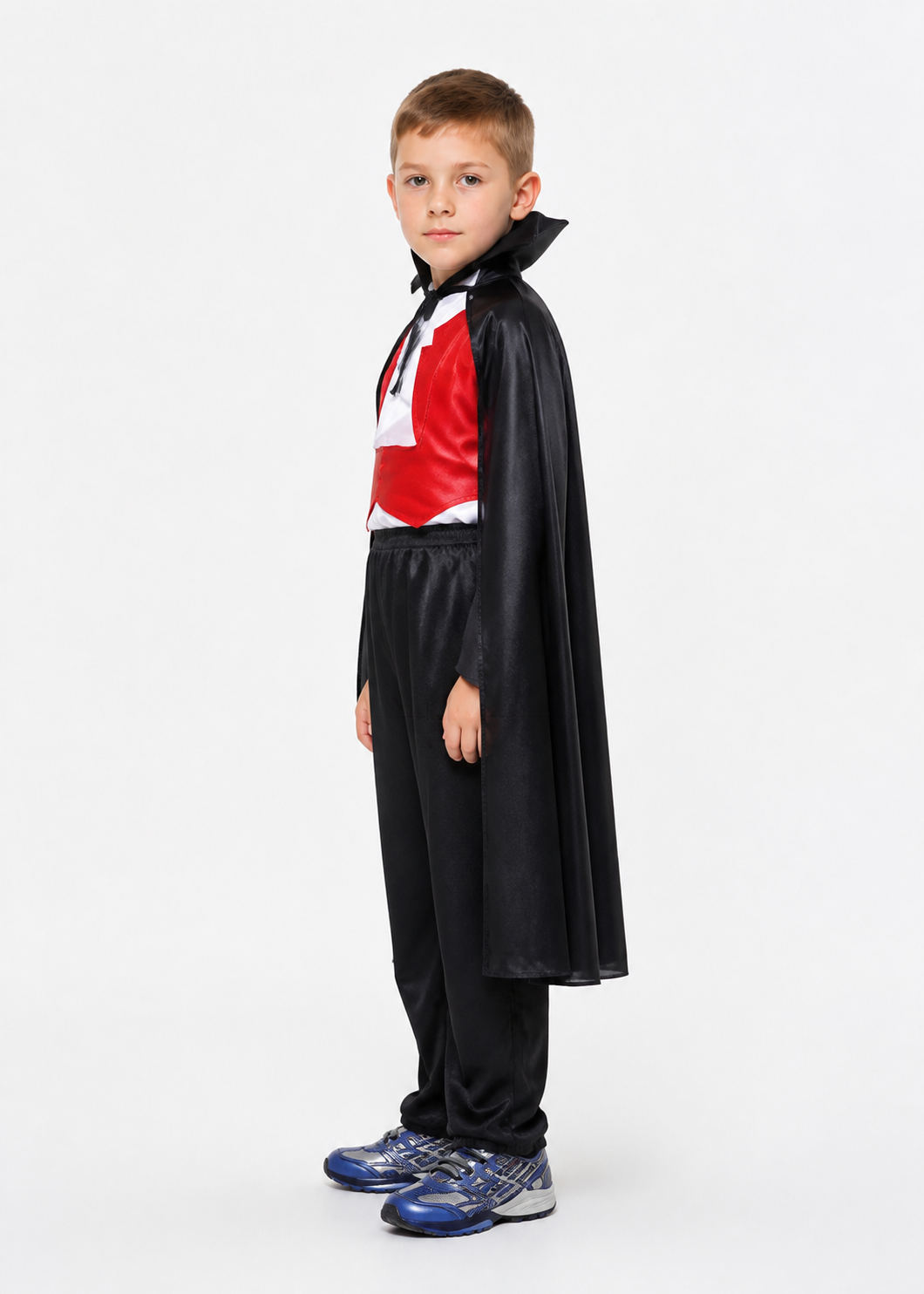 Vampire Costume with a Black Cape and Red Trim side view