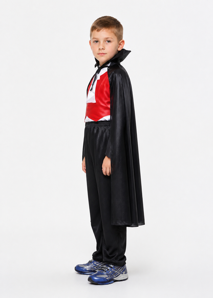 Vampire Costume with a Black Cape and Red Trim side view