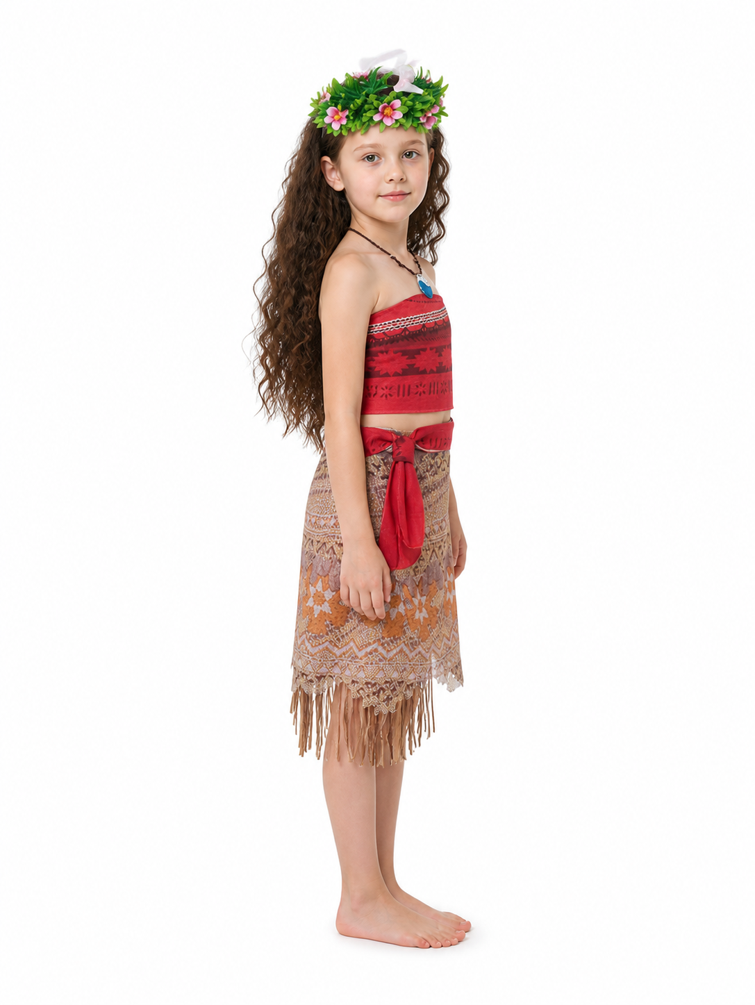 Children's Moana Carnival Costume with Wig and Necklace side view