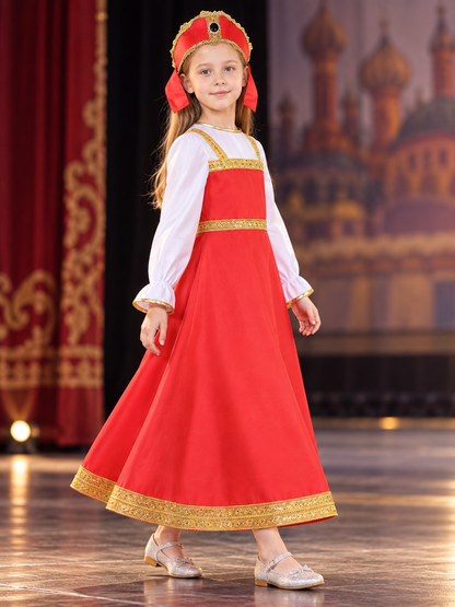 gold children_red_ethnic_stage_dress_with_head_accessory product image 5
