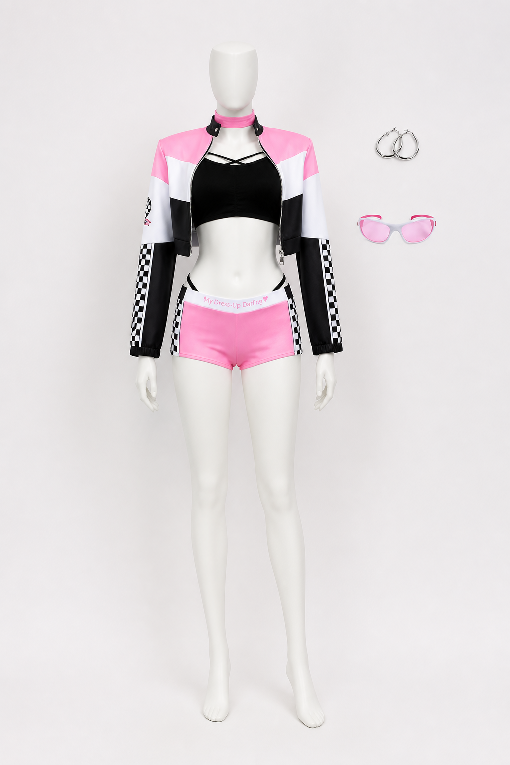 Anime cosplay costume with a jacket and plaid shorts side view