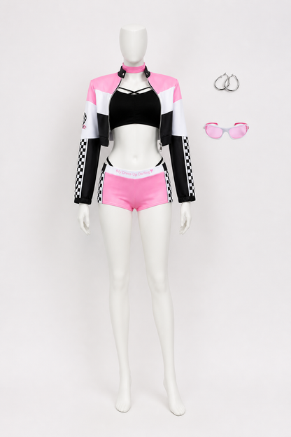 Anime cosplay costume with a jacket and plaid shorts side view