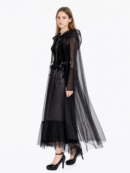 Black Halloween Vampire Dress with Cape side view