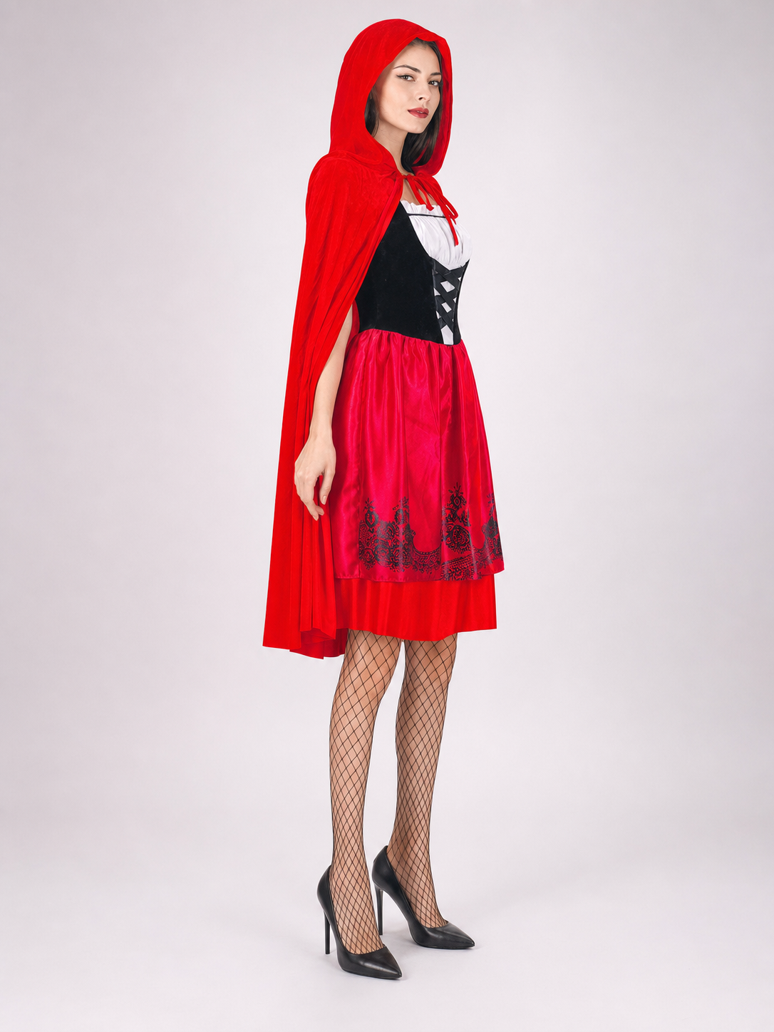 Red Hooded Cape and Retro-Style Dress