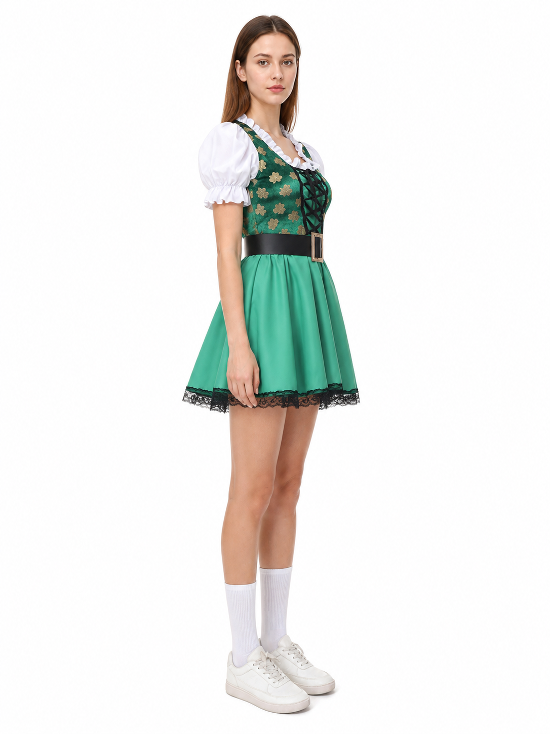 Green Short Dress with Lace and Lacing side view