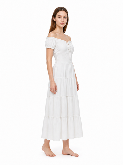 Off-the-Shoulder Dress with a Tiered Skirt and Ruffles side view