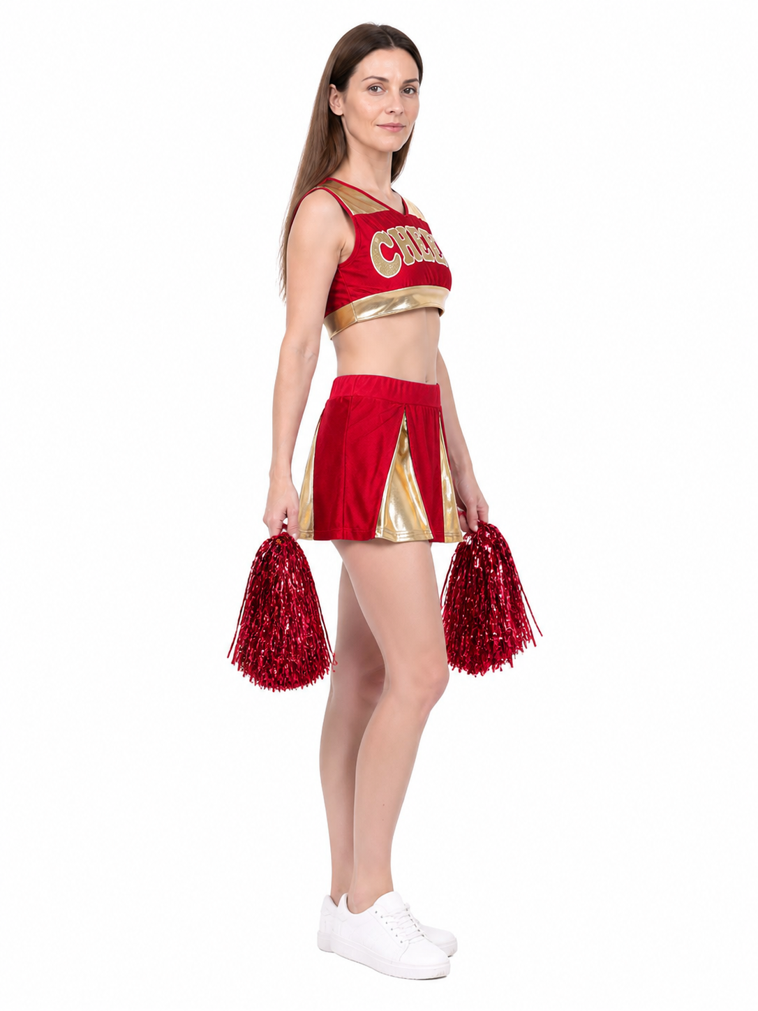 Red Cheerleading Set with Top, Skirt, and Pom-Poms side view