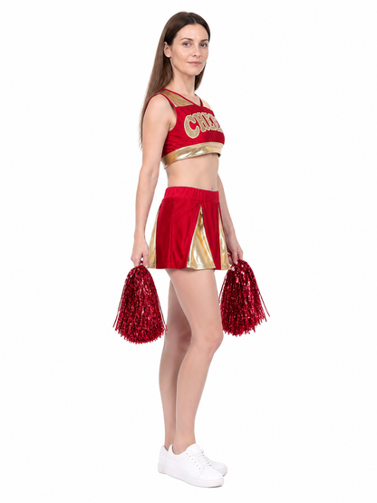 Red Cheerleading Set with Top, Skirt, and Pom-Poms side view