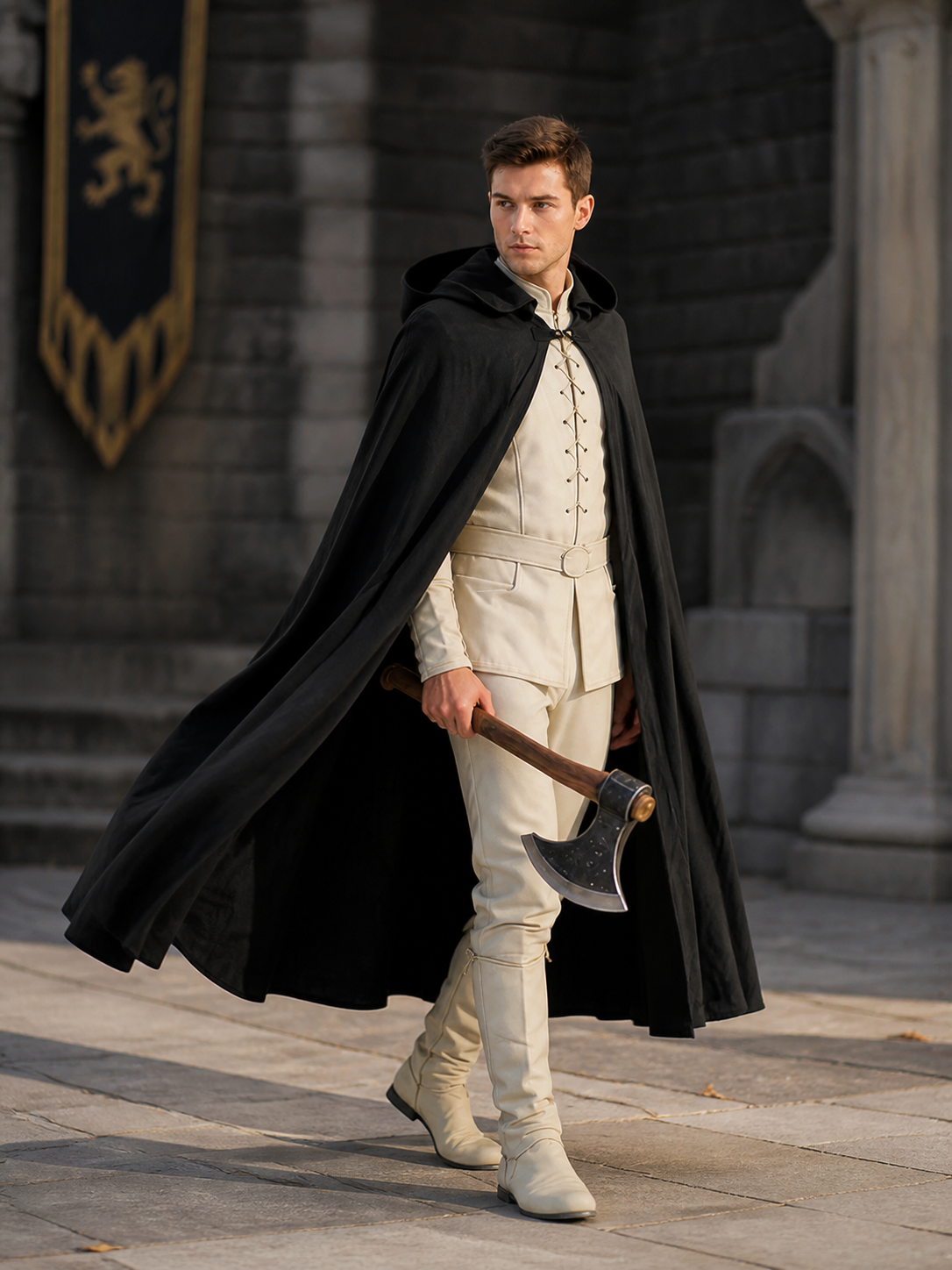 Black Long Hooded Cotton-Linen Cloak side view 5