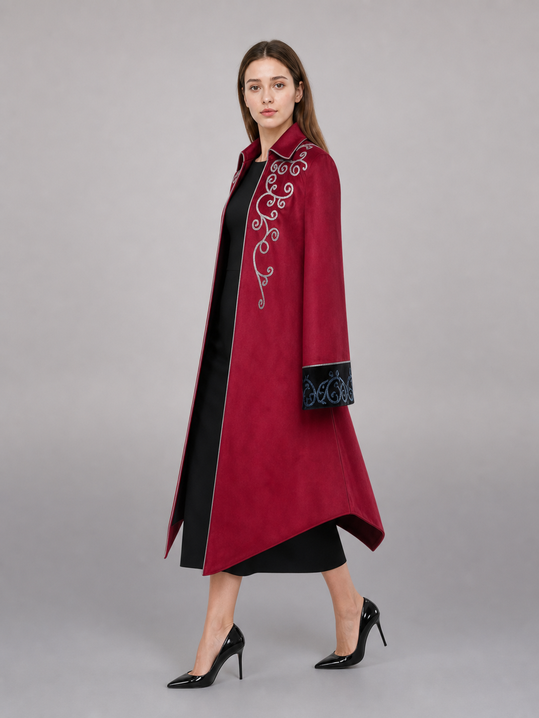Burgundy tailcoat with embroidery and black panels