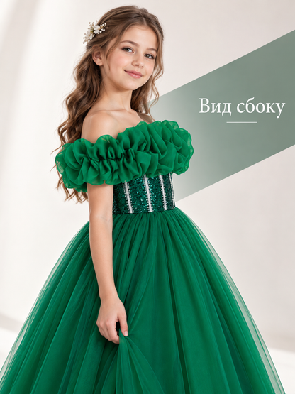 Dark Green Girls' Dressy Dress with Off-the-Shoulder Neckline