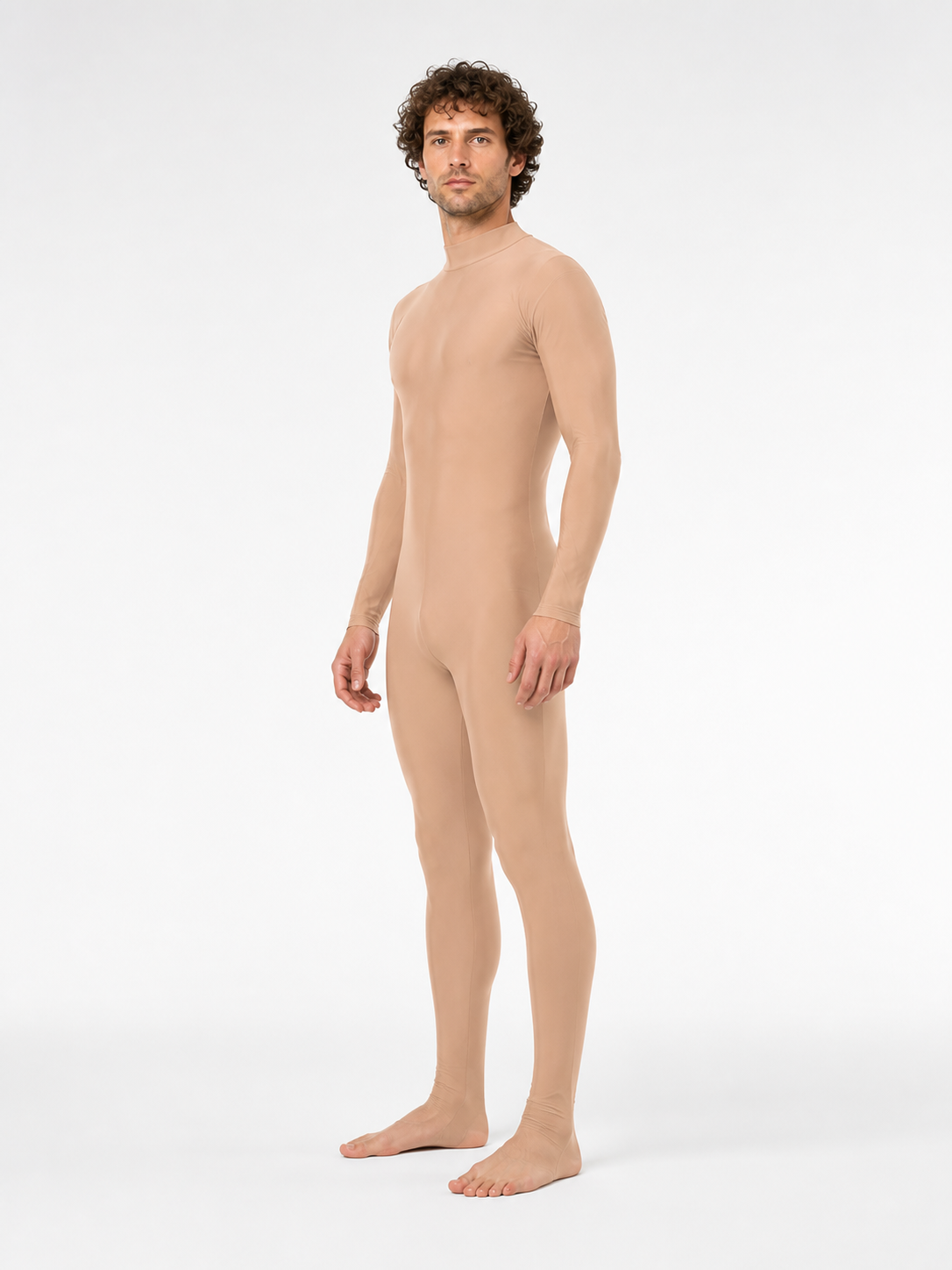 Flesh-colored zentai bodysuit with a high collar side view