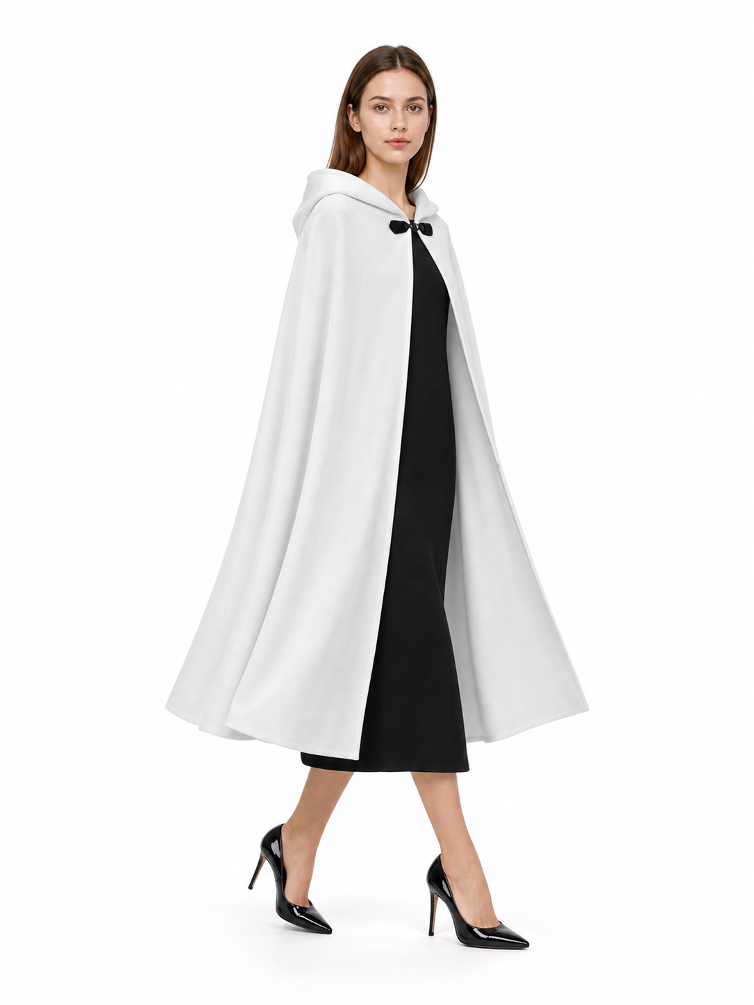 Medieval White Velvet Hooded Long Cloak Cape with Black Bow Tie Front Flared Hem side view 4
