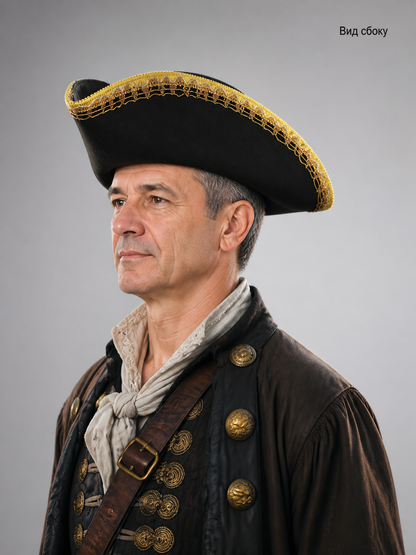 Black tricorn hat with gold trim product view 22