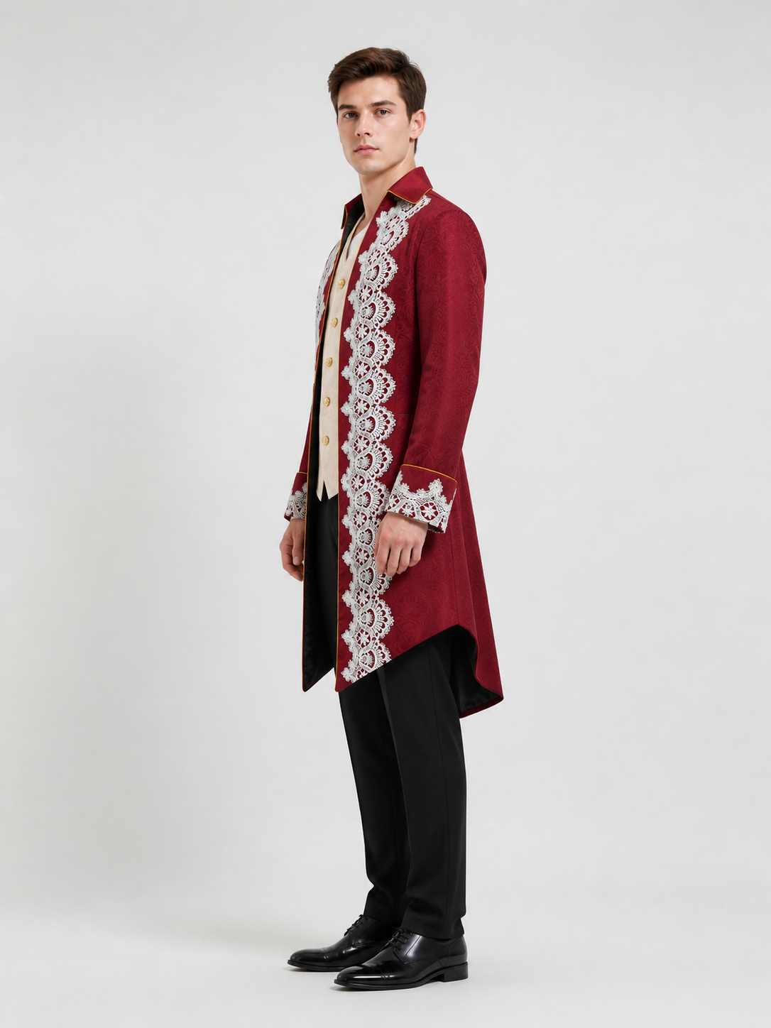 Long Tailcoat with White Lace and Gold Buttons side view