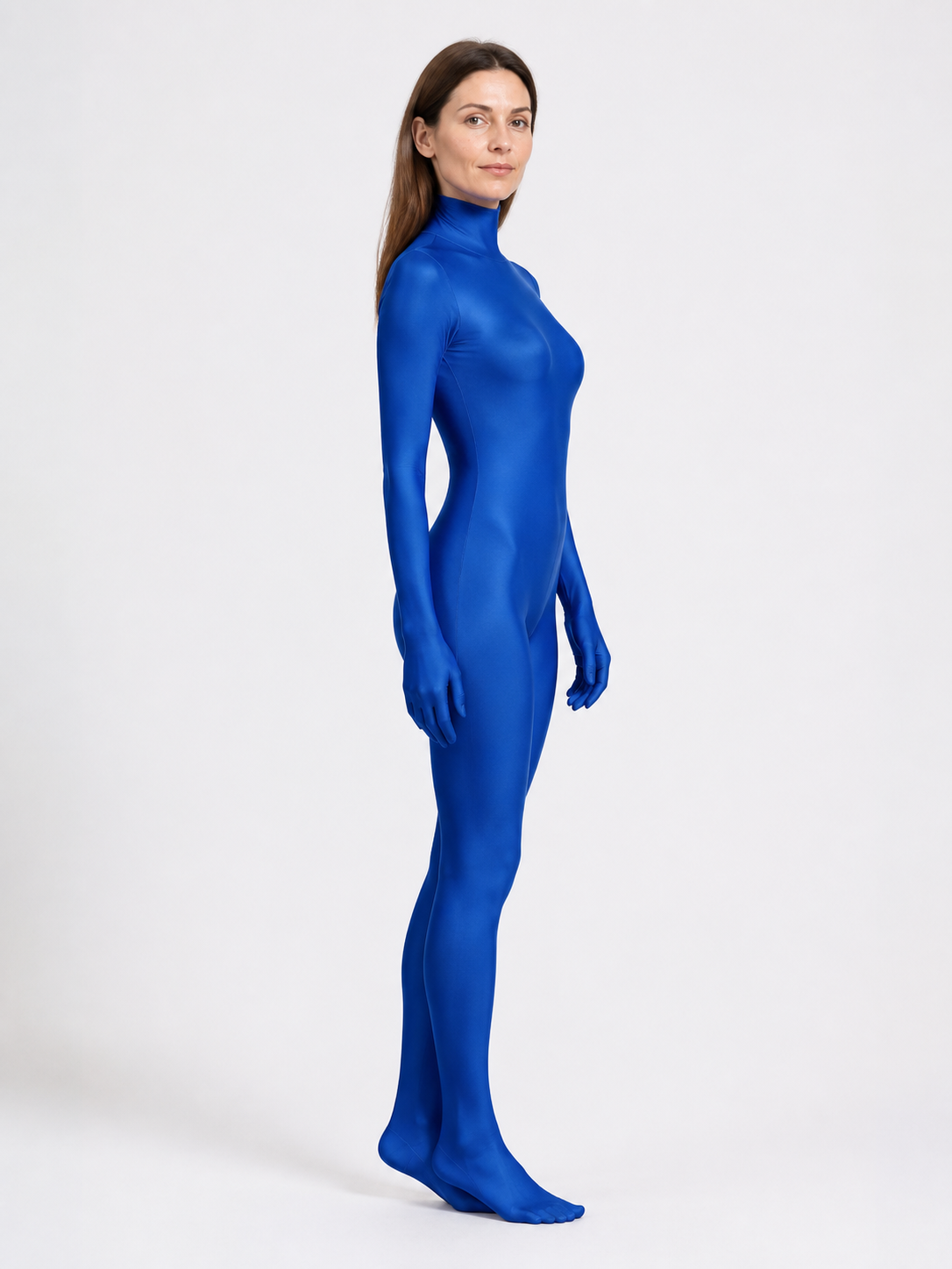 Blue Zentai jumpsuit with hood and open face side view