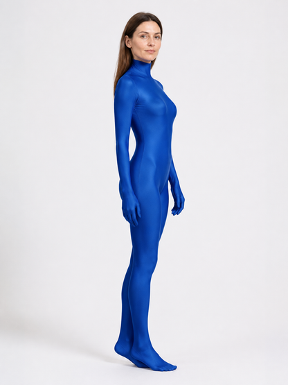 Blue Zentai jumpsuit with hood and open face side view