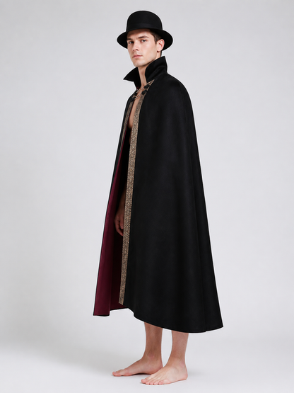 Cape with Hat, Black with Gold Trim side view