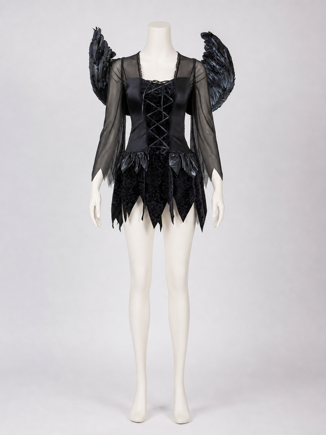 Black Angel Costume with Wings and Headband side view