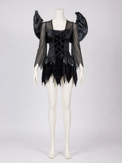 Black Angel Costume with Wings and Headband side view