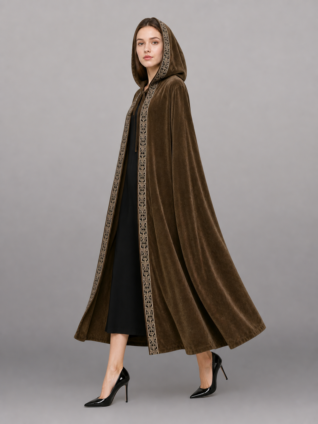 Long Hooded Robe, Brown, Loose Fit side view 5