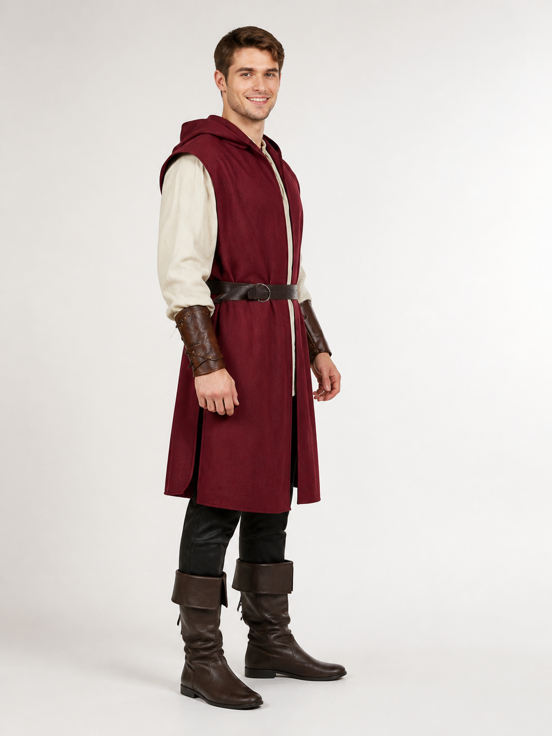 Adult Medieval Fantasy Hooded Cape, Wine Red Sleeveless Long Split-Hem Cloak side view