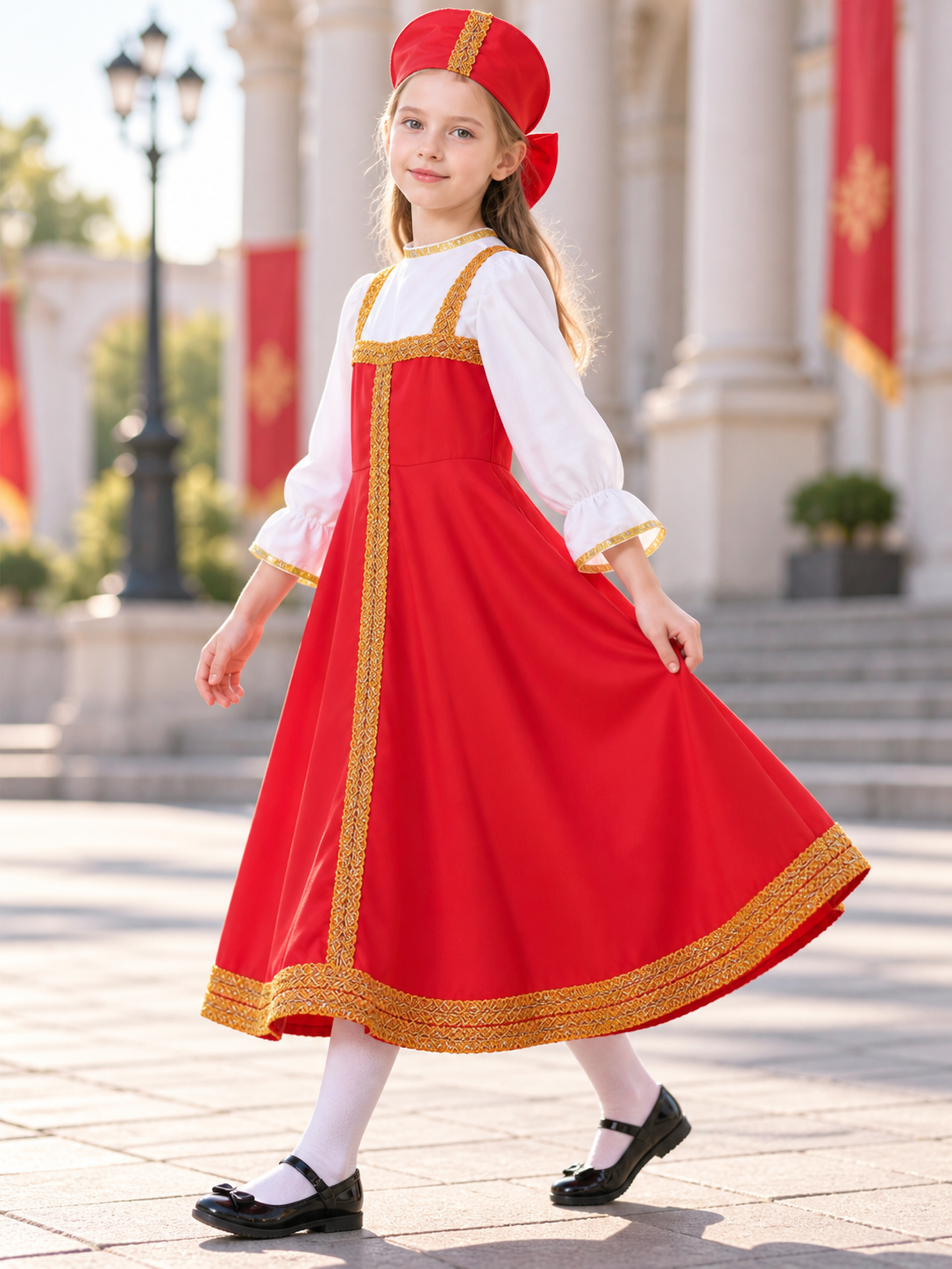 Children's Red Stage Costume with Headpiece side view