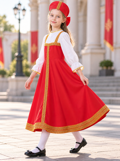 Children's Red Stage Costume with Headpiece side view