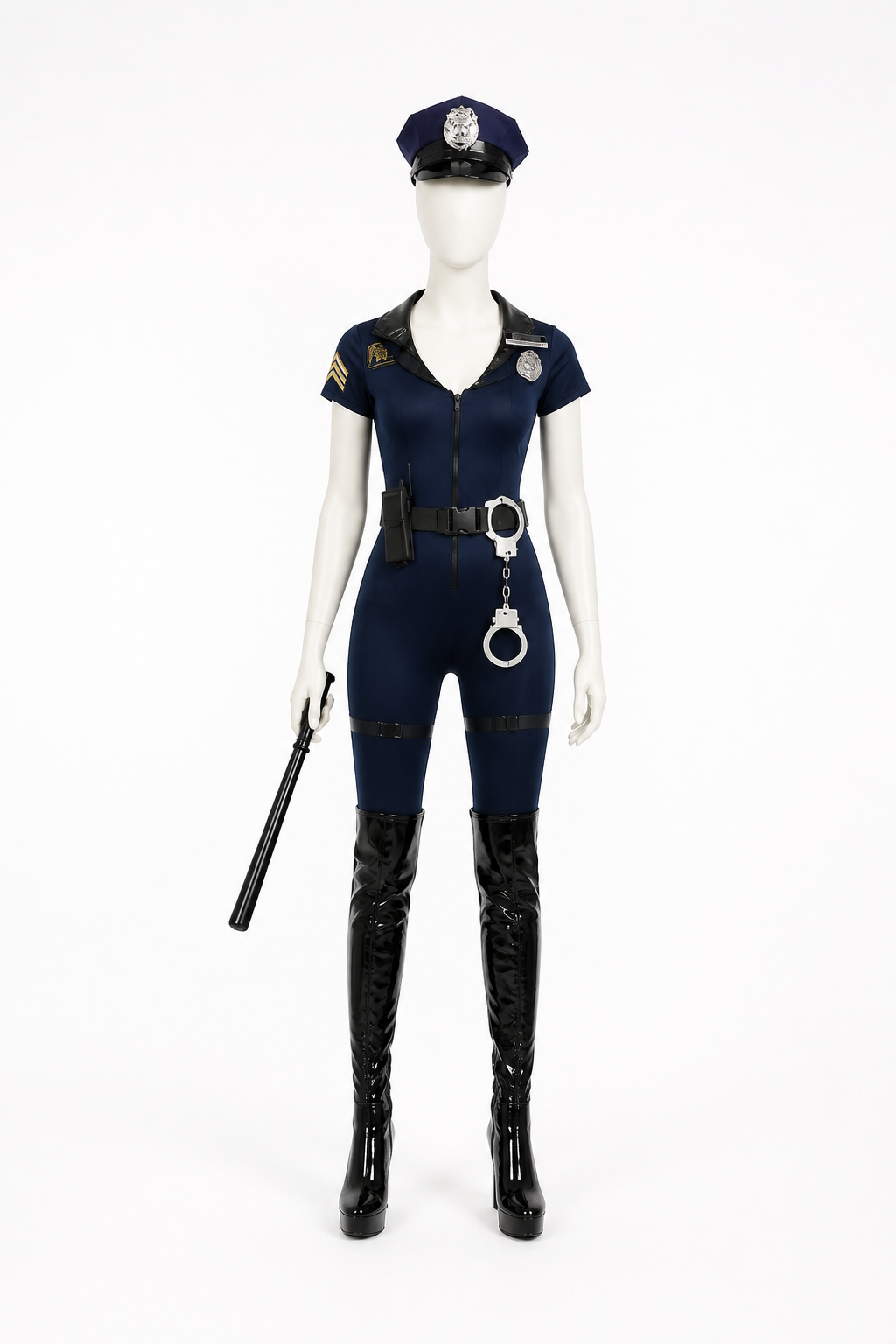 Police Carnival Costume, Jumpsuit with Belt and Cap side view