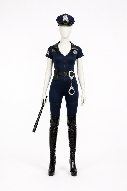 Police Carnival Costume, Jumpsuit with Belt and Cap side view