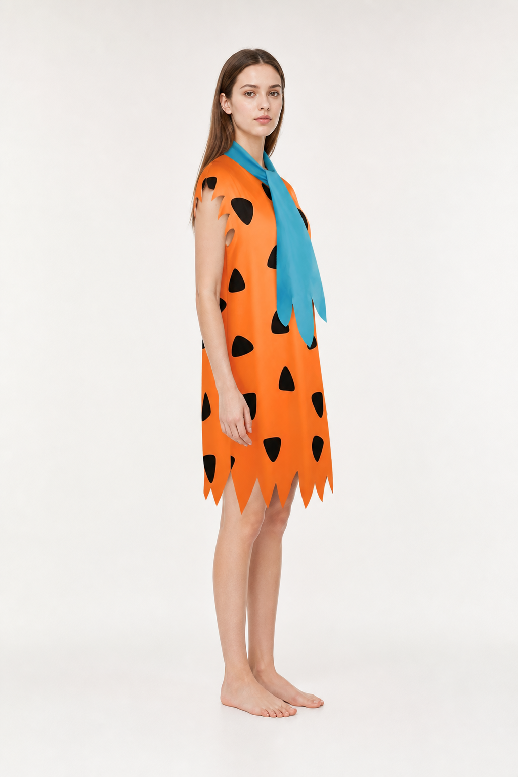 Orange Dress with Black Spots and Blue Accessory side view 4