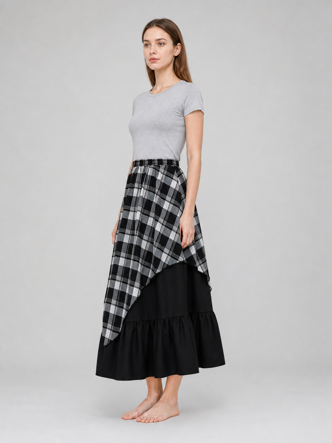 Layered Plaid Skirt with Asymmetrical Draping