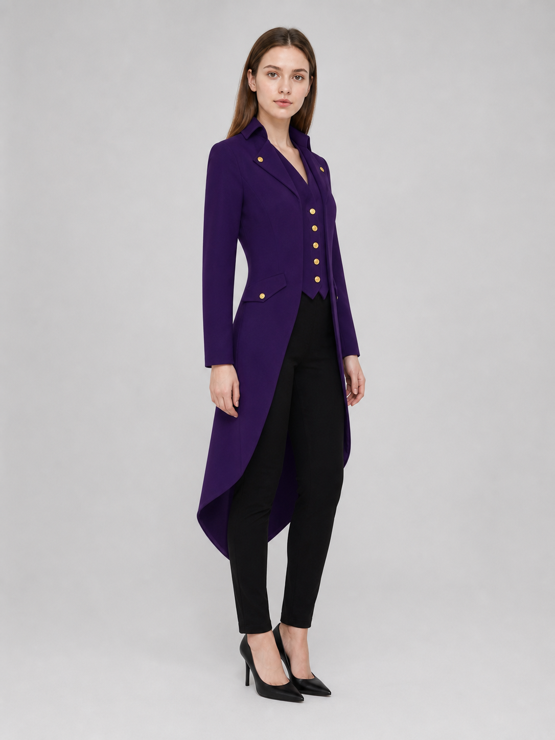 The model is designed as a long tailcoat-style coat with a vintage aesthetic and