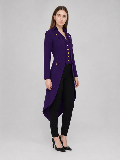 The model is designed as a long tailcoat-style coat with a vintage aesthetic and