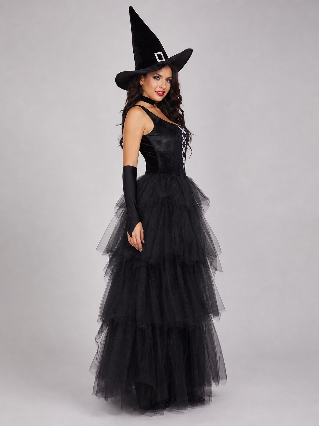 Halloween Costume: Black Dress, Hat, and Gloves